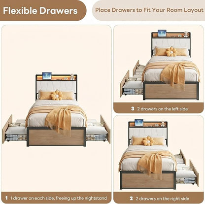 LIKIMIO Twin Bed Frames with 2 Storage Drawers, Charging Station & LED Lights, Platform Twin Bed with Boucle Upholstered Headboard, Strong Metal Slats, No Box Spring Needed, Easy Assembly, Wood/Cream