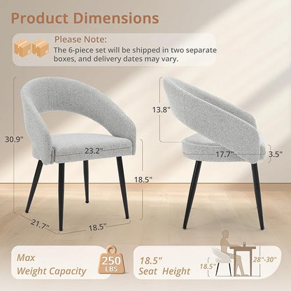 LUE BONA Modern Dining Chairs Set of 4, Upholstered Armrest Side Chairs for Kitchen & Dining Room, 18.5" Seat Height, Comfortable Curved Hollow Backrest, Black Metal Legs, Easy Assembly, Light Grey
