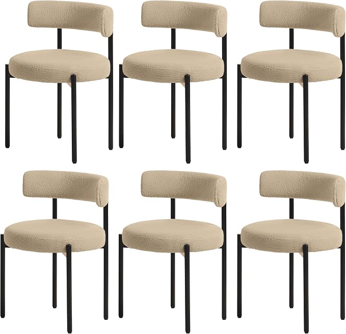Boucle Dining Chairs Set of 6, Beige Dining Chairs with Upholstered Seat and Round Back, Mid-Century Modern Kitchen Chairs for Dining Room, Restaurant
