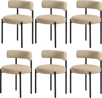 Boucle Dining Chairs Set of 6, Beige Dining Chairs with Upholstered Seat and Round Back, Mid-Century Modern Kitchen Chairs for Dining Room, Restaurant