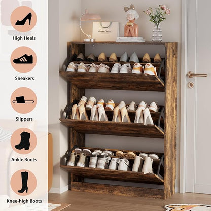 Shoe Storage Cabinet, Wood Shoe Organizer for Entryway with 3 Flip Drawers, Freestanding Shoe Rack with Adjustable Shelf, Narrow Shoe Dresser for Front Door Entrance (Brown, 3 Drawers)