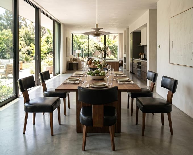 RIVOVA Mid Century Modern Dining Chairs Set of 6 PU Leather Upholstered Side Chairs, Modern Kitchen Armless Parson Chairs Solid Wood Dining Chairs, Black