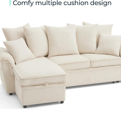 LINSY HOME Sectional Loveseat Sofa with Pull Out Chaise (Beige, 62.5'') | USB Charging
