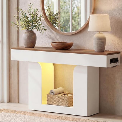 Homieasy Console Table, 47" Entryway Table with LED Lights & Charging Station, Farmhouse Wooden Sofa Table Behind Couch, Narrow Hallway Table for Living Room, Foyer, Entry, Antique White & Brown