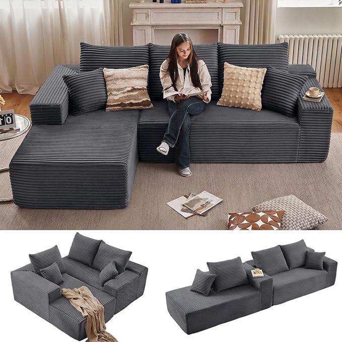 Sectional Couches for Living Room Cloud Couch Sofa with L-Shape Couch in a Box Upholstered Boneless Couchs Modern Modular Sectional Couch with Chaise (Dark Grey,B-3 Seater-Left-Facing Chaise-96 inch)
