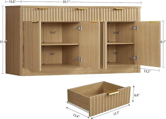usikey Large Buffet Cabinet with Storage & Drawers, Sideboard Cabinet with 2 Adjustable Shelves & 4 Doors, Coffee Bar Station, Kitchen Storage Cabinets, Natural