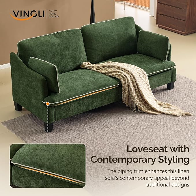 VINGLI 84" Extra Deep Seat Sofa Couch, 3 Seater Upholstered Living Room Couches with 2 Piped Seater Cushions, Throw Pillows, Modern Linen Velvet Fabric Sofa for Apartment Bedroom Office