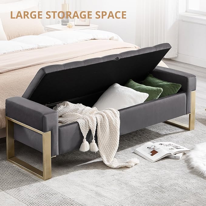 End of Bed Storage Bench, 67'' Benches for Bedroom Foot of Bed King Size, Upholstered Velvet Tufted Storage Ottoman Bench with Gold Legs for Window Living Room Entryway, Grey