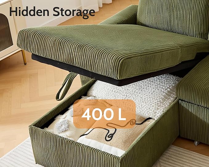 WEUP 82" L Shaped Sectional Sleeper Sofa Bed with Pull Out Bed, Sectional Sleeper Couch Pull Out Couch with Reclining Backrest/Reversible Storage Chaise/USB Ports/Tool-Free Assembly, Corduroy Green