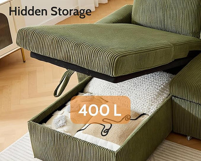 WEUP 82" L Shaped Sectional Sleeper Sofa Bed with Pull Out Bed, Sectional Sleeper Couch Pull Out Couch with Reclining Backrest/Reversible Storage Chaise/USB Ports/Tool-Free Assembly, Corduroy Green
