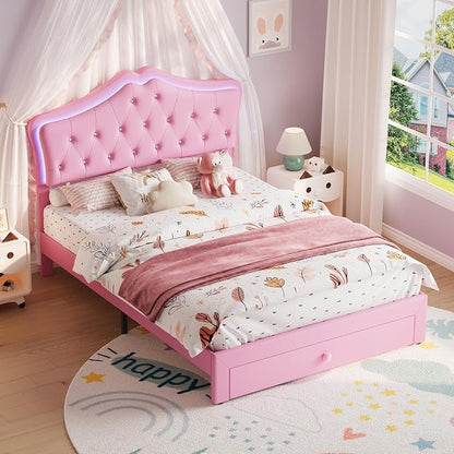 Garvee Full Size Bed Frame with LED Lights & Velvet Crystal Button Headboard, Upholstered Boy/Girl Platform Bed with Storage Drawer, Noise Free, No Box Spring Needed for Kids, Teens, Pink