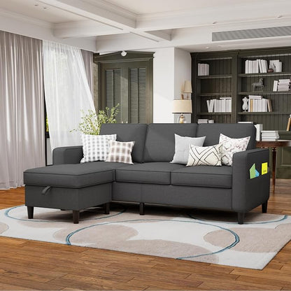78" Sectional Sofa Couches for Living Room, 3 Seat L Shaped Convertible Couch with Storage Ottoman, Comfortable Pet-Friendly Linen Fabric Sofa Set for Small Space, Apartment, Office, Dark Grey