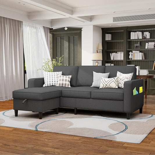 78" Sectional Sofa Couches for Living Room, 3 Seat L Shaped Convertible Couch with Storage Ottoman, Comfortable Pet-Friendly Linen Fabric Sofa Set for Small Space, Apartment, Office, Dark Grey