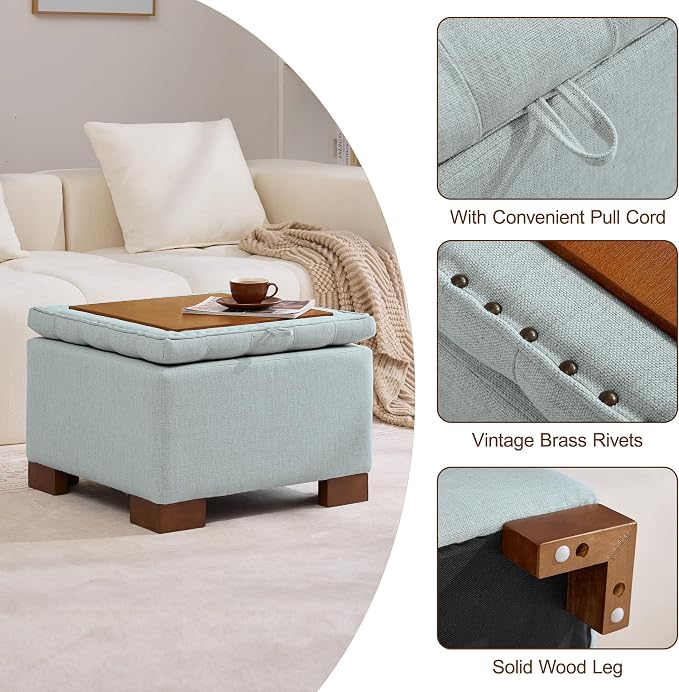 WUTUTUEE 24" Fabric Square Storage Ottoman with Wooden Tray, Modern Tufted Button Footstool Coffee Table, Upholstered Small Ottoman for Living Room, Bedroom, Blue