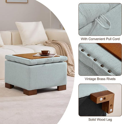 WUTUTUEE 24" Fabric Square Storage Ottoman with Wooden Tray, Modern Tufted Button Footstool Coffee Table, Upholstered Small Ottoman for Living Room, Bedroom, Blue