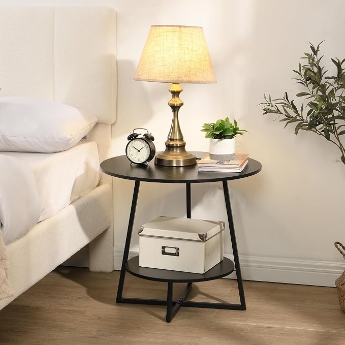 D&H FURNIMMT 20" Living Room Side Table Set of 2 for Small Spaces, 2 Tier Wood Top Round End Tables with Storage Shelf, Accent Sofa Table for Bedroom, Office, Sunroom, Balcony, Black