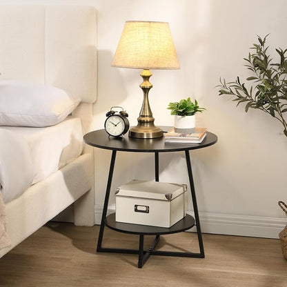 D&H FURNIMMT 20" Living Room Side Table Set of 2 for Small Spaces, 2 Tier Wood Top Round End Tables with Storage Shelf, Accent Sofa Table for Bedroom, Office, Sunroom, Balcony, Black