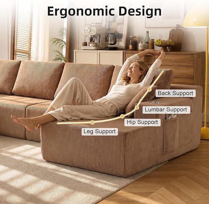130" U-Shaped Modular Sectional Sofa with Chaise, Boneless Corduroy Flexible Module Seating for Living Room, Cloud Couch with Cup Holders and Side Pockets, No Assembly (Brown)