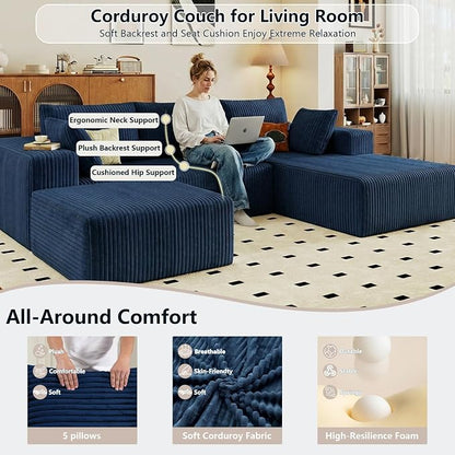 95" Cloud Sectional Couch U-Shaped Chaise with Ottoman, Corduroy Boneless Couch for Living Room Bedroom, Deep-Seat Upholstered Modular Cloud Sofa, No Assembly Required (Blue, Right Facing Chaise)