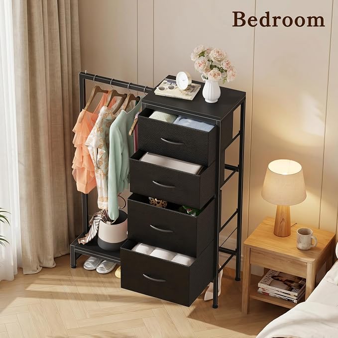 HIGDBFE Tall Dresser 44''H with Hanging Rack, 4 Drawers Small Closet Dresser for Bedroom, Reversible Fabric Chest of Drawers with Clothes Rack, Tall Storage Tower, Sturdy Frame, Black