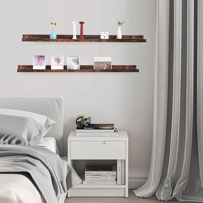 Muzilife 55" Large Floating Wall Ledge Shelves with Lip - Set of 2 Rustic Wood Floating Shelves - Walnut Brown Wall Mounted Picture Ledge for Office, Bathroom, Bedroom, Living Room, Kitchen