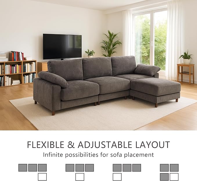 Oversized Modular Cloud Couch with Removable Washable Cover, L Shaped Sectional for Large Living Room,Sofa Plush Chenille & Deep Seat（Grey）