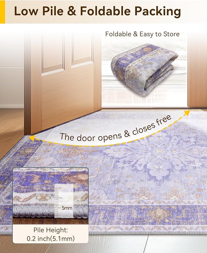 RELEANY Area Rugs Small 2'6"x4' Washable Non-Slip, Floral Vintage Distress Medallion Carpet for Kitchen Entryway Bathroom, Light Purple Brown