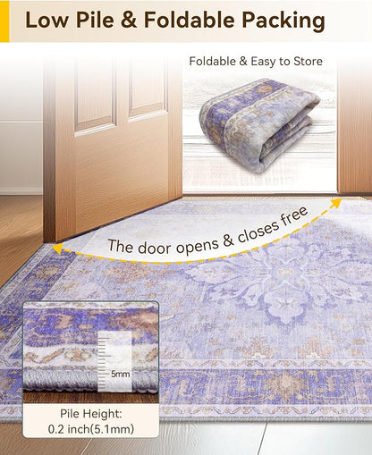 RELEANY Area Rugs Small 2'6"x4' Washable Non-Slip, Floral Vintage Distress Medallion Carpet for Kitchen Entryway Bathroom, Light Purple Brown