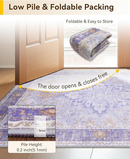 RELEANY Area Rugs Runner 2'x8' Washable Non-Slip, Floral Vintage Distress Medallion Carpet for Kitchen Hallway Bedroom Beside Laundry Room Bathroom, Light Purple Brown