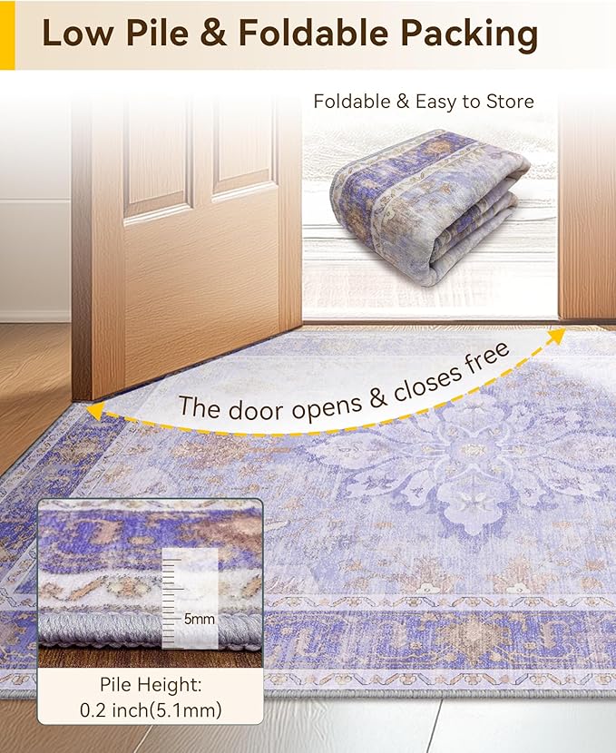 RELEANY Area Rugs Large 9'x12' Washable Non-Slip, Floral Vintage Distress Medallion Carpet for Living Room Bedroom Dining Room, Light Purple Brown