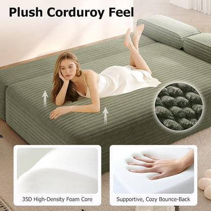 78.7" Queen Sofa Bed, Corduroy Boneless Couch in a Box, No Assembly | 30.7" extra-deep seat converts to a 78.7" x 60" queen sleeper with 3 pillows, no assembly, ideal for small spaces, Green