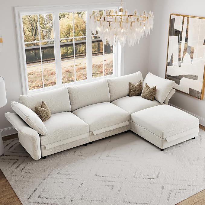 DreamDashio 126" Extra Large Sectional Sofa Cloud Couch with Storage Seat, L Shaped Deep Modular Couches for Living Room with Adjustable Arms, High Backs, 4 Seater, Beige Chenille