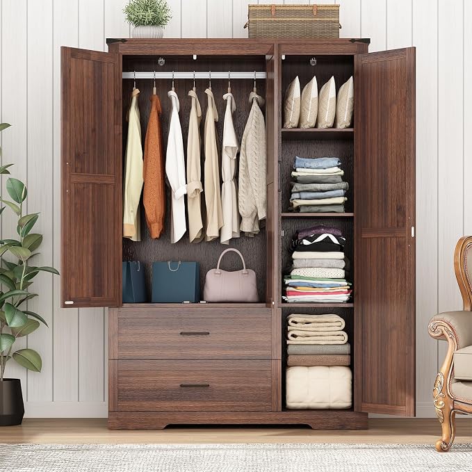 Hlivelood 3 Doors Wardrobe Armoire Closet with Doors and Drawers, Farmhouse Wooden Armoire Storage Cabinet with Shelves & Hanging Rod for Bedroom, Brown