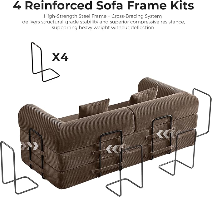 79" 5-in-1 Convertible Sofa Bed No Assembly, Boneless Couch Bed with High Density Foam, Foldable Sleeper Sofa, Corduroy Modular Couch for Apartment, Studio, Dorm Room, Small Space, Brown