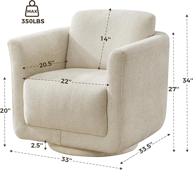 Swivel Accent Chair, 360° Barrel Chair with Solid Wood Frame & Removable Ergonomic Support Back Cushion, Fully Assembled Chenille Armchair for Living Room & Bedroom, Linen