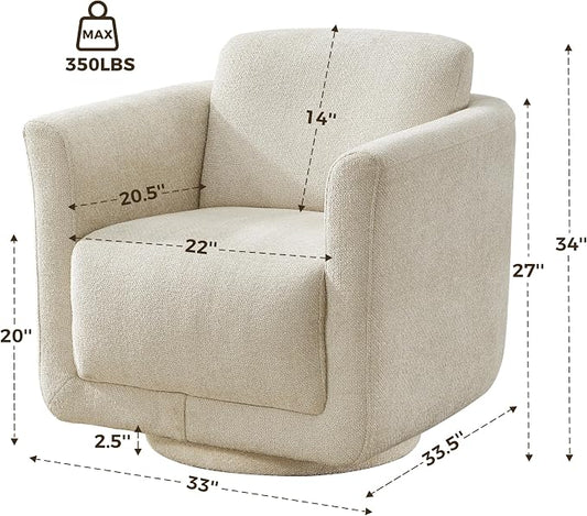 Swivel Accent Chair, 360° Barrel Chair with Solid Wood Frame & Removable Ergonomic Support Back Cushion, Fully Assembled Chenille Armchair for Living Room & Bedroom, Linen