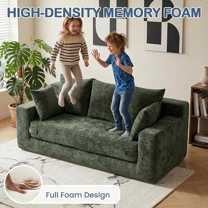 Boneless Couches 70", 3 Seater Boneless Couch with Pull Out Sofa Bed, Boneless Couch Bed with 5 Pillows Green, Plush Velvet Sofa for Living Room & Bedroom