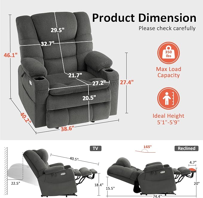 MCombo Big Man Power Lay Flat Lift Chair, Triple Motor Power Lift Recliner with Massage & Dual Heating, Adjustable Headrest, Fabric R7524 (Grey, Medium-Wide)