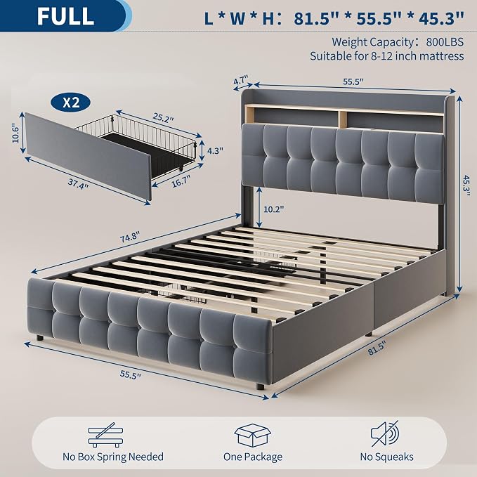 IDEALHOUSE Full Size Upholstered Bed Frame Fabric with Storage Drawers and LED Lights, Headboard and Frame for Cozy Bedroom Sets Upgrades