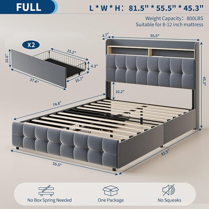 IDEALHOUSE Full Size Upholstered Bed Frame Fabric with Storage Drawers and LED Lights, Headboard and Frame for Cozy Bedroom Sets Upgrades