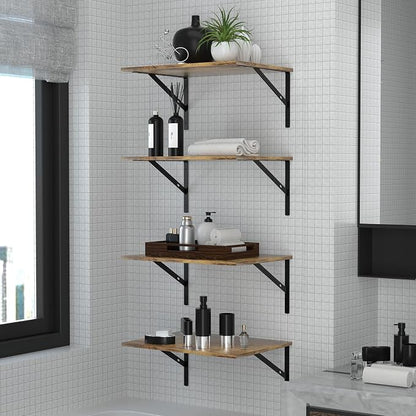 Deep Floating Wall Shelves - 4 Sets of 12 Inch Wide Rustic Brown Wood Shelves for Bathroom, Bedroom, Kitchen, Living Room