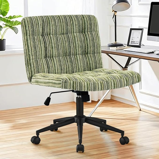 Furnimart 360° Swivel Criss Cross Desk Chair Extra-Thick Cushion, Premium Chenille Cross Legged Chair with Wide Seat & Wheels, Comfy Armless Home Office Chair for Bedroom, Vanity, Sturdy (Green)