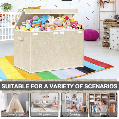 Large Toy Box Chest Storage with Lid - Collapsible Kids Toys Boxes Organizer Bins Baskets with Handles for Boys, Girls, Nursery, Playroom, Clothes, Blanket, Bedroom(Beige)