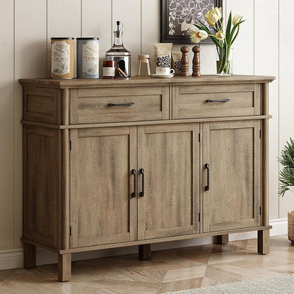 ONBRILL 48 Inch Buffet Cabinet with Storage, Farmhouse Sideboard Buffet w/2 Drawers and 3 Doors, Coffee Bar Cabinet with Adjustable Shelves, Sideboard Storage for Kitchen, Living Room, Washed Grey