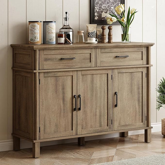 ONBRILL 48 Inch Buffet Cabinet with Storage, Farmhouse Sideboard Buffet w/2 Drawers and 3 Doors, Coffee Bar Cabinet with Adjustable Shelves, Sideboard Storage for Kitchen, Living Room, Washed Grey