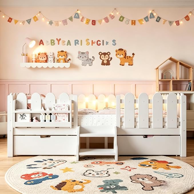 Bellemave Queen Size Platform Bed with Storage Drawers & Bookshelf for Boys Girls, Kids Queen Bed Frame with LED Lights & Stairs for Children's Room, White