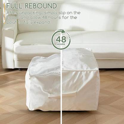 HIGOGOGO Square Stuffed Pouf Ottoman, Pu Leather Poufs with Foam Chunk Filling, Furry and Fluffy Pouf Foot Stool Storage Ottoman,26x18 Inches Floor Poufs Foot Rest for Living Room, Beige