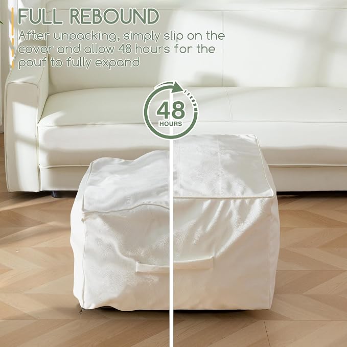 HIGOGOGO Square Stuffed Pouf Ottoman, Pu Leather Poufs with Foam Chunk Filling, Furry and Fluffy Pouf Foot Stool Storage Ottoman,20 X 14 Inches Floor Poufs Foot Rest for Living Room, Beige