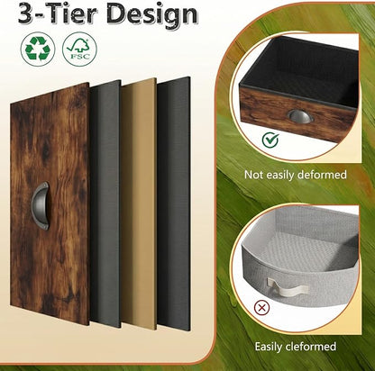 Night Stand Set 2, Tall Nightstand with 3 Fabric Drawers, Bedside Table with 2-Tier Wood Shelf, End Table for Bedroom, Steel Frame, Wood Top, Rustic Brown