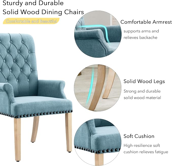 adochr Upholstered Fabric Accent Dining Chair, Elegant Tufted Club Dining Room Kitchen Room Arm Dining Chair, Light Blue